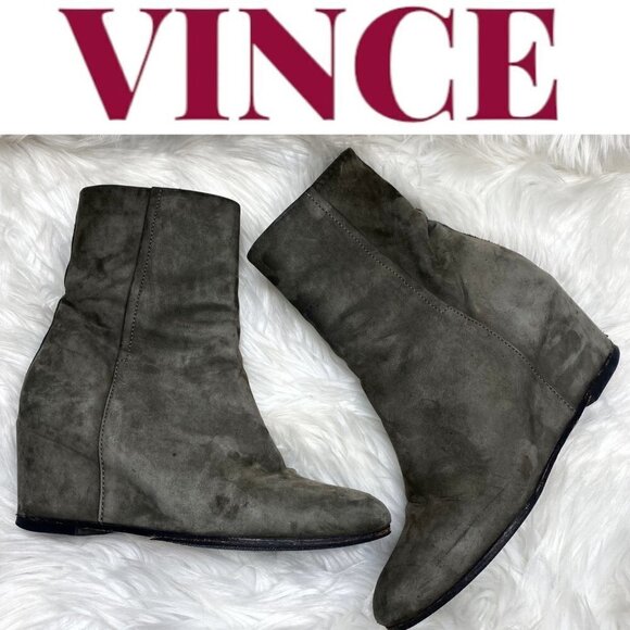 VINCE Michela Moss Green Suede Leather Covered Wedge Bootie, 7M/37.5 - Picture 1 of 16